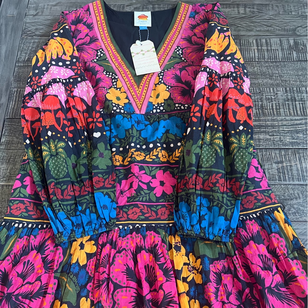 FARM Rio Pink and Blue V-Neck Bishop Sleeve Sundress